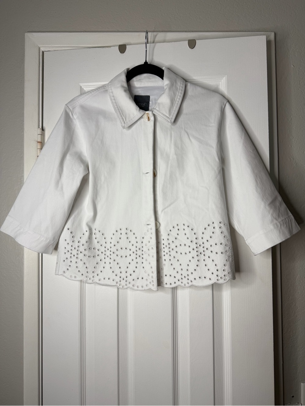 LYSSE White Eyelet Hem Cropped Denim Jacket